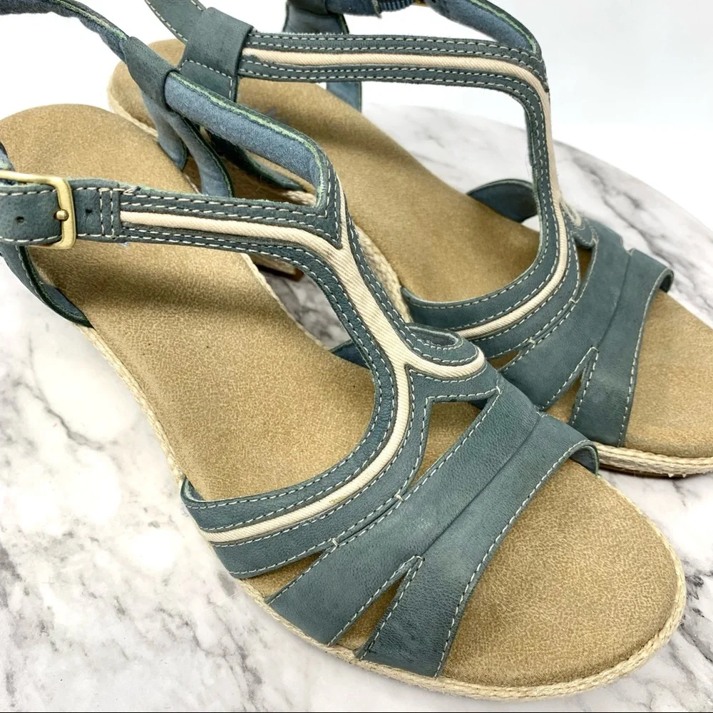 Clarks Blue Leather T-Strap Platform Comfort Platforms 10 Nautical Resortwear